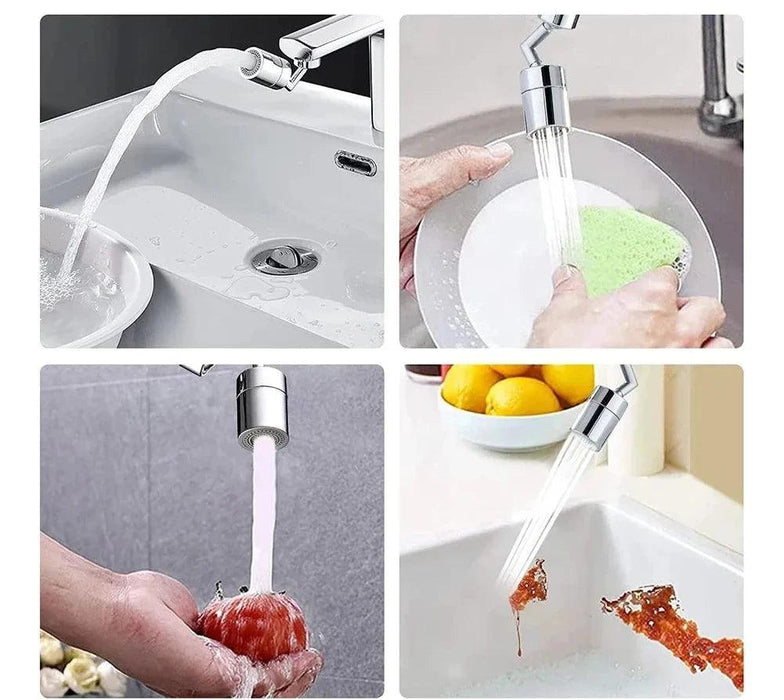 A four-part collage showing different uses of a faucet sprayer, including filling a bucket, washing a plate, rinsing a tomato, and cleaning food residue from a sink.