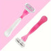 Two women's razors, one with a white and pink handle and the other entirely pink, displayed on a pink and white split background.