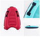 Close-up details of the red and teal inflatable bodyboards, highlighting the handles and side profile.