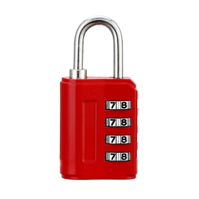 A red combination padlock with a metal shackle and three dials set to "7-8".