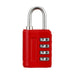 A red combination padlock with a metal shackle and three dials set to "7-8".