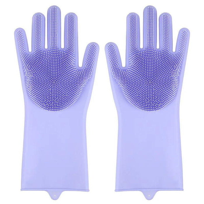 A pair of purple silicone cleaning gloves with rubber bristles on the palms and fingers, displayed against a white background.