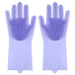 A pair of purple silicone cleaning gloves with rubber bristles on the palms and fingers, displayed against a white background.