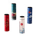 Four thermoses in teal, red, white, and blue with unique designs featuring cranes, waves, flowers, and fans. Each thermos has a digital display on the black lid.