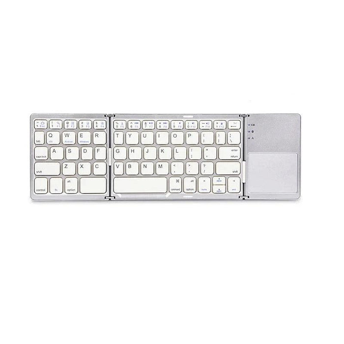 White portable folding keyboard with touchpad in a open position.