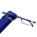 A pair of rectangular eyeglasses with thin, blue frames and clear lenses is placed on a blue eyeglass case. The background is white, highlighting the contrast between the blue frames and the clear lenses.