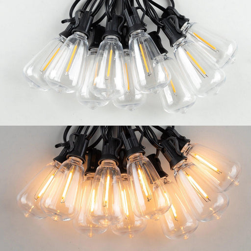 A composite image showing a string of vintage-style Edison light bulbs. The top half of the image displays the bulbs when they are turned off, while the bottom half shows the bulbs illuminated with a warm, yellow light. The bulbs are clear, revealing the LED filaments inside.