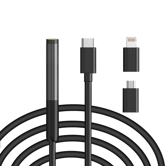 Endoscope camera head with a USB-C connector and two additional adapter connectors for different devices, demonstrating compatibility with various devices.