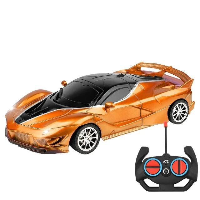 A sleek, orange sports car with black accents and an accompanying remote control.