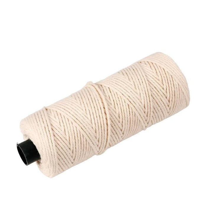 A cylindrical spool of natural cotton twine, neatly wound around a black plastic core. The twine is tightly twisted, suggesting strength and durability, ideal for various crafting, gardening, and general household uses.