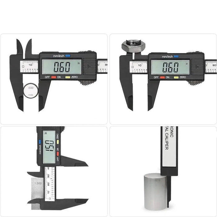 A digital caliper in four various uses: set at 0.60 inches, measuring the internal diameter of a nut, assessing the depth of a slot at 15.0 inches, and measuring the diameter of a cylindrical object.