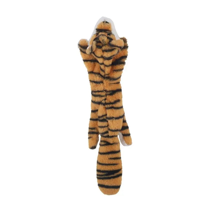 A plush dog toy resembling a tiger with a furry tail.