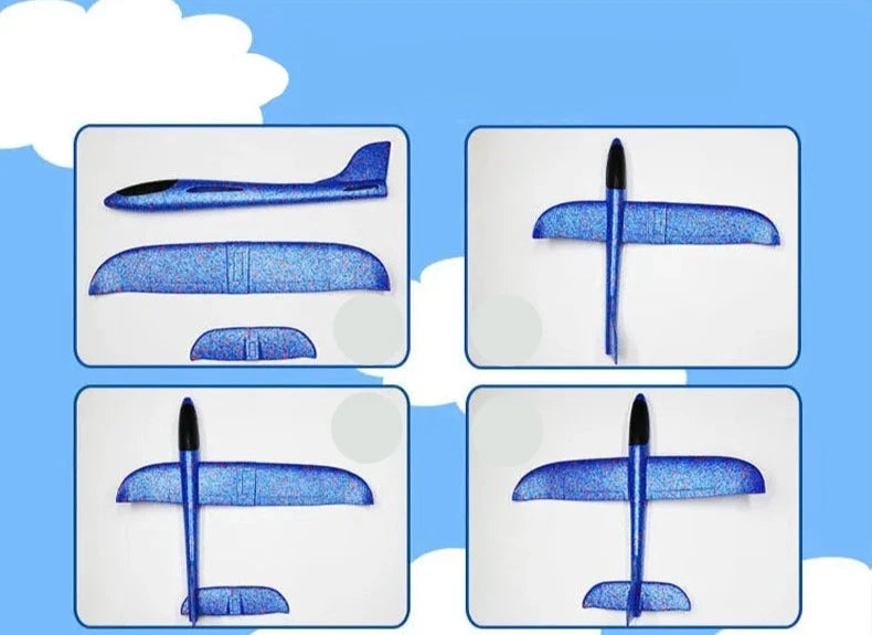 a step-by-step assembly guide for the foam glider. It shows the separate parts of the glider (body, wings, and tail) and how they fit together to form the complete glider.