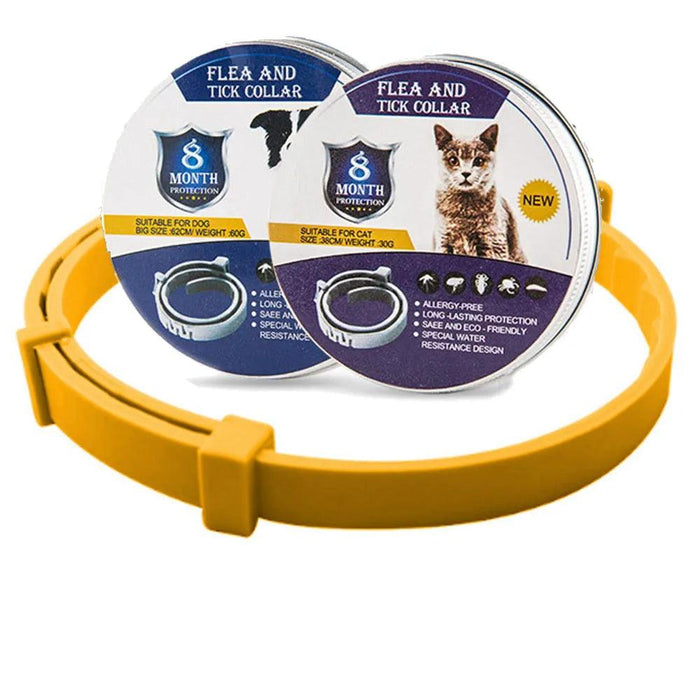 yellow flea and tick collar with packaging for both cats and dogs.