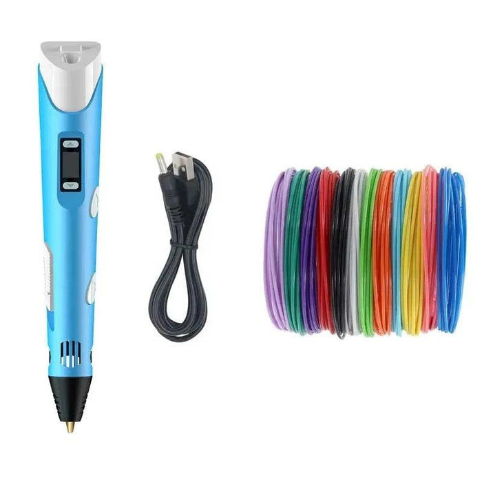 A blue 3D pen with a USB charging cable and a variety of filament coils in different colors.