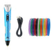 A blue 3D pen with a USB charging cable and a variety of filament coils in different colors.