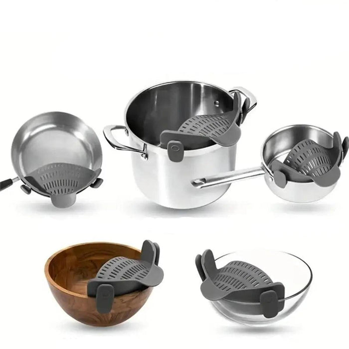 Five pots pans and bowls with gray clips on them, shown exactly as the product is supposed to work to show its function. Display on a white background.