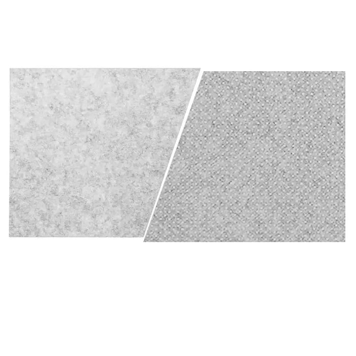 A split image showing a close-up of the front and the back of a  light grey desk mat. The left side displays the soft, felt-like surface, while the right side shows the dotted non-slip backing.