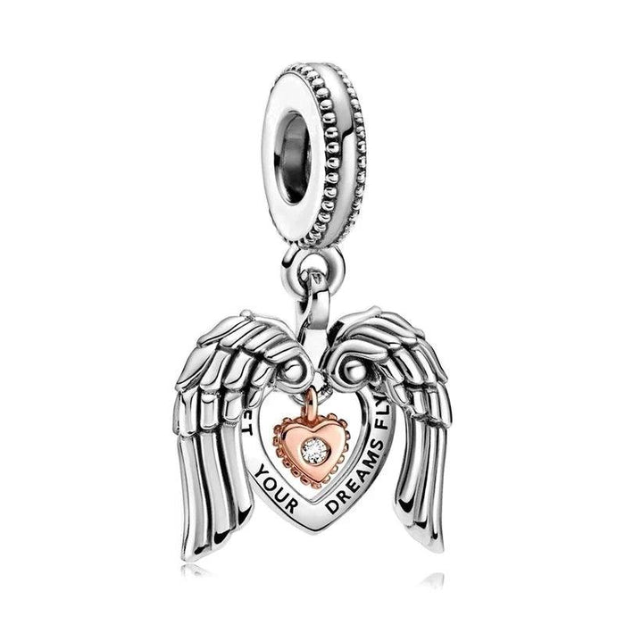 Heart and angel wings silver charm