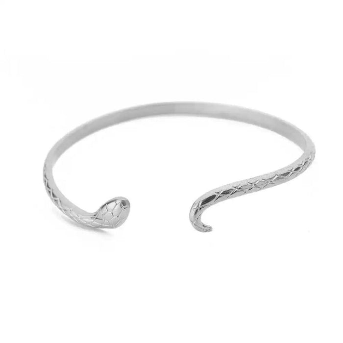 Thin silver bracelet with a snake design, displayed on a white background.