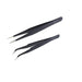 Two black ESD tweezers, one straight and one angled, on a white background.