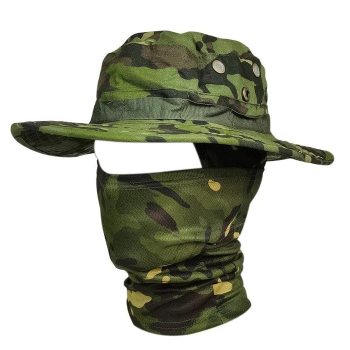 Green camo hat with matching face cover.