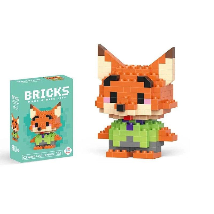 A single block-style toy figure of orange fox, along with its teal packaging box. Display on white background.