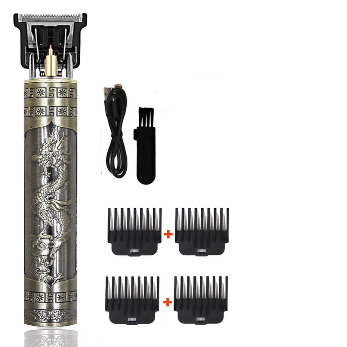 a silver hair trimmer with intricate dragon engravings. The set includes a USB charging cable, a cleaning brush, and six clipper guards of different sizes.