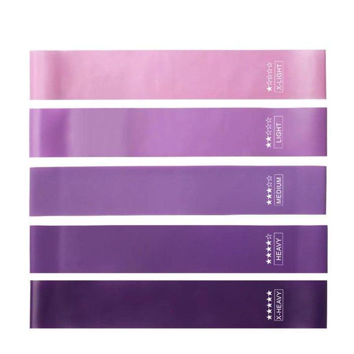 Five resistance bands in shades of pink and purple, labeled from "X-Light" to "X-Heavy".