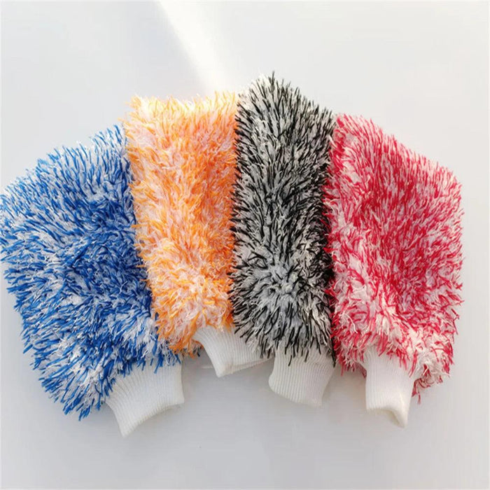 Four microfiber mitts in various colors, including blue, orange, black, and red, arranged side by side.