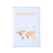 A single light blue passport holder with a gold world map design and "PASSPORT" in gold text.