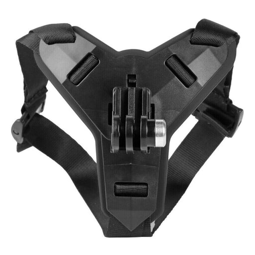 The black chin mount harness in a close-up view, highlighting the camera mount and adjustable straps.