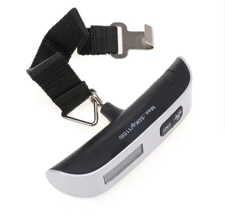 Close-up of a portable digital luggage scale with a black strap, silver body, suitable for weighing luggage.