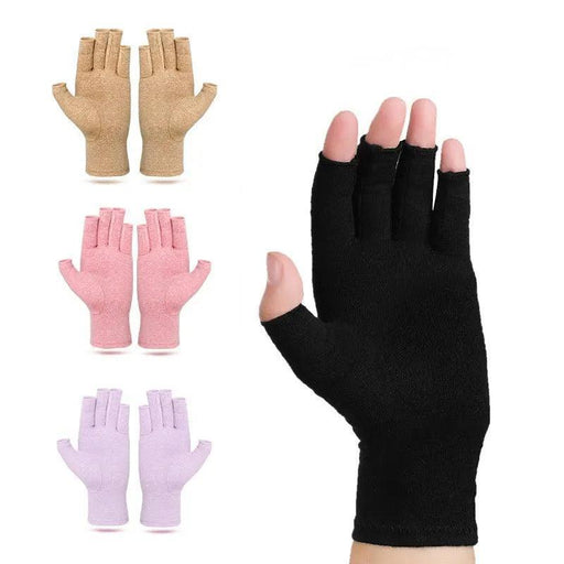 Assorted compression gloves in beige, pink, purple, and black colors.