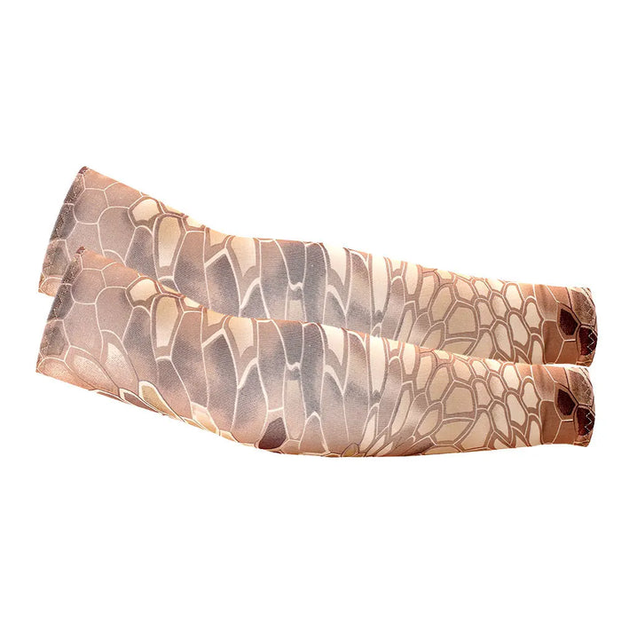 Patterned beige arm sleeves featuring a unique turtle shell design, suitable for outdoor activities and stylish wear, displayed against a white background.