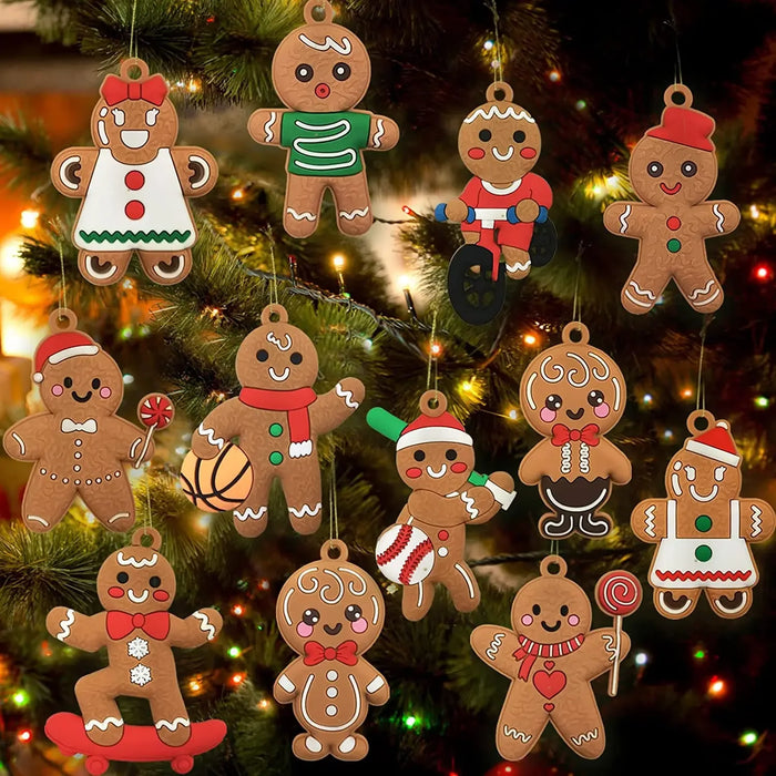 Gingerbread Tree Ornaments, Set of 12, Adorable Designs, Lightweight & Durable, Perfect for Holiday Gift, Christmas Trees and Wreaths