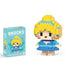 A single block-style toy figure of blonde girl, along with its blue packaging box. Display on white background.