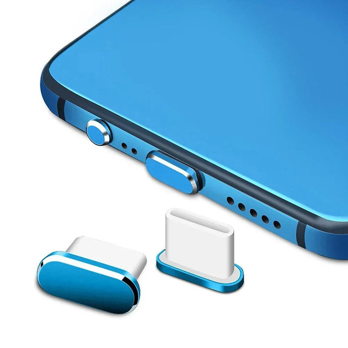 Close-up view of a blue and white magnetic charging port dust plug, designed to protect a smartphone's charging port from dust and debris.