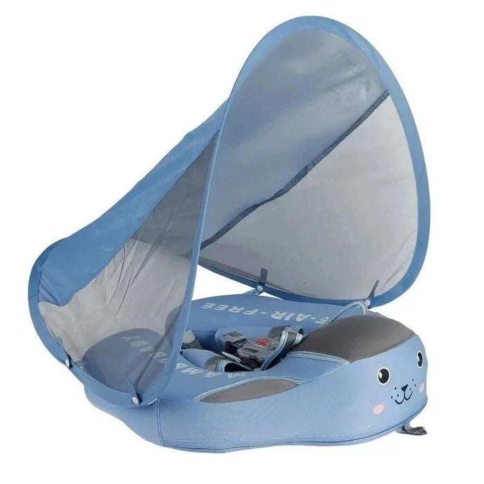 A blue baby float with a detachable sunshade, shown on a white background.