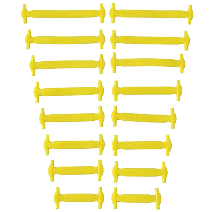 Sixteen silicone shoelaces in different sizes and yellow color, neatly organized in pairs on a white background.