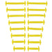 Sixteen silicone shoelaces in different sizes and yellow color, neatly organized in pairs on a white background.