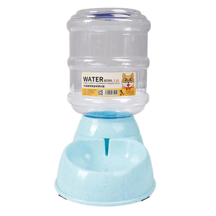 An automatic pet water dispenser with a large clear water container labeled "WATER Bowl 3.8L". The container is mounted on a light blue base that has a built-in water bowl.