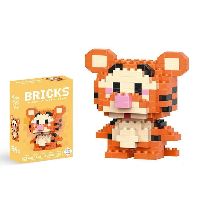 A single block-style toy figure of orange tiger, along with its orange packaging box. Display on white background.