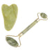 A jade roller and gua sha tool, both made from green jade stone, with golden handles.