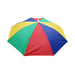 Multicolor umbrella with red, yellow, blue, and green segments.