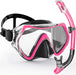 A pink snorkeling mask with an attached snorkel displayed on white background.