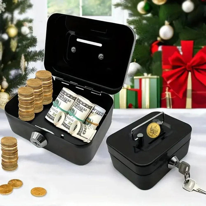 Two black lockboxes, one open showing stacks of coins and rolled dollar bills inside, and the other closed with a key inserted in the lock. The background features a decorated Christmas tree and wrapped gifts.