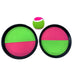 Two Velcro catch paddles with a green and pink ball, top view.