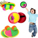 Collage of different Velcro catch paddles and balls, including a child jumping.