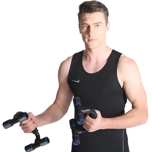 Man holding black push-up bars with blue and black foam grips.